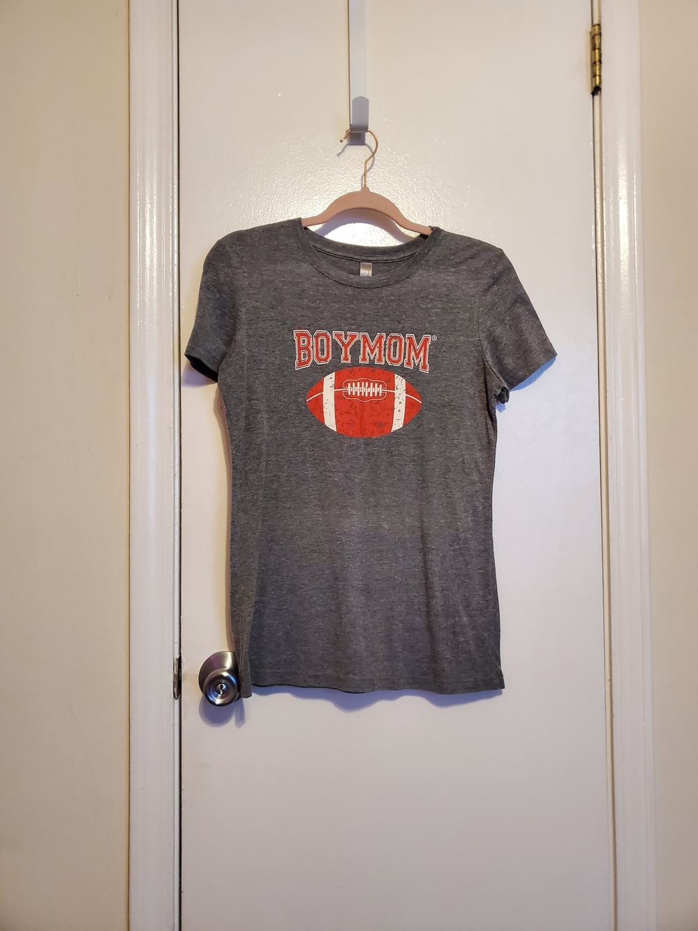 Next Level Apparel Gray 'BOYMOM' Football Graphic Tee